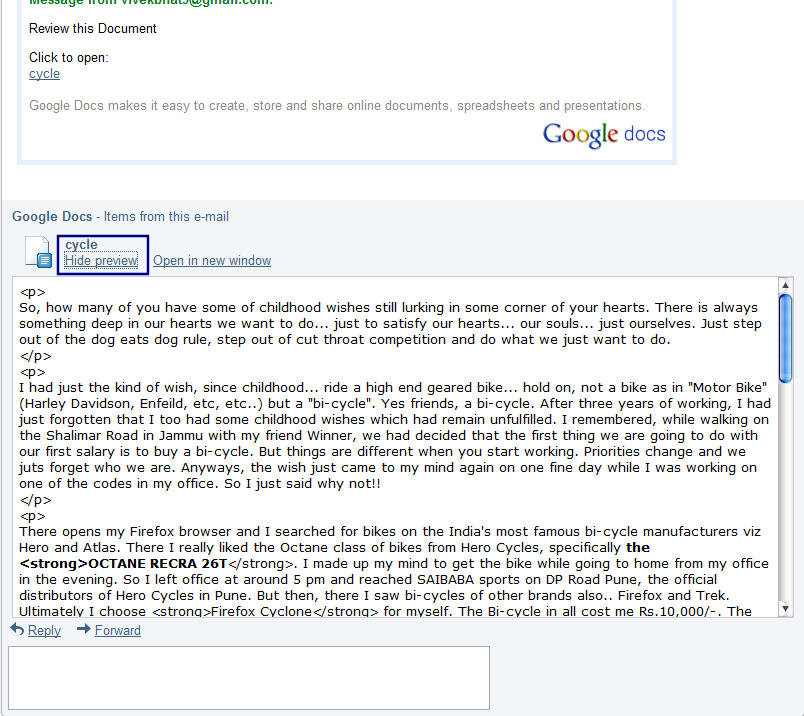 Google Doc preview in mail